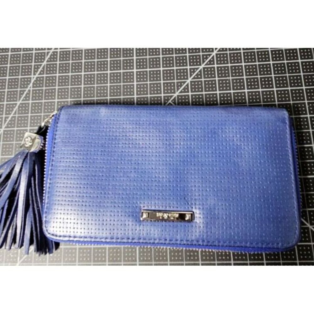 STELLA & DOT Royal Blue Crosshatch Leather Accordion Zip MERCER Wallet w/Tassel